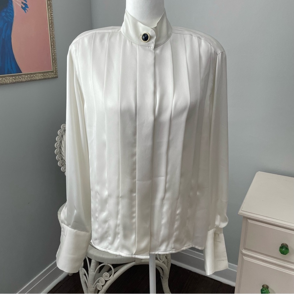 Vintage Jones New York Pleated Tuxedo Style Blouse, Size 10